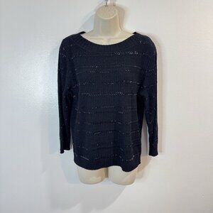 Jones New York Sweater XL Black Silver Beaded Metallic Knit Holiday Party
